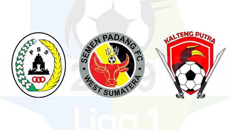 Ilustrasi logo klub promosi PSS Sleman, Semen Padang, dan Kalteng Putra.