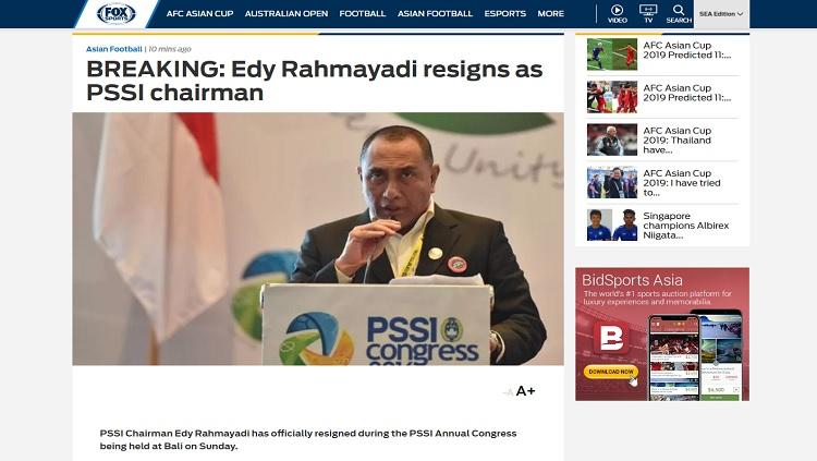 Fox Sports Asia soroti mundurnya Edy Rahmayadi dari ketua umum PSSI Copyright: Fox Sports Asia
