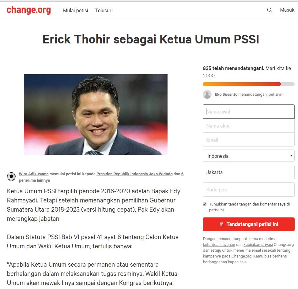 Erick Thohir Dianggap Cocok Menjadi Ketum PSSI Copyright: Change.org