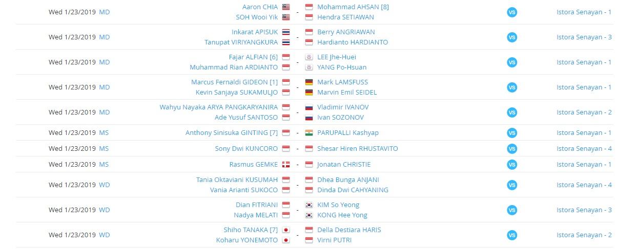 Jadwal Indonesia Masters 2019 23/01/19 babak pertama Copyright: Tournament Software
