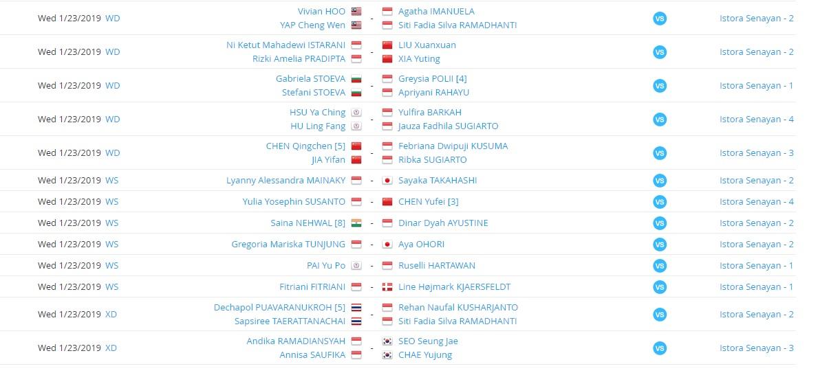 Jadwal Indonesia Masters 2019 23/01/19 babak pertama Copyright: Tournament Software