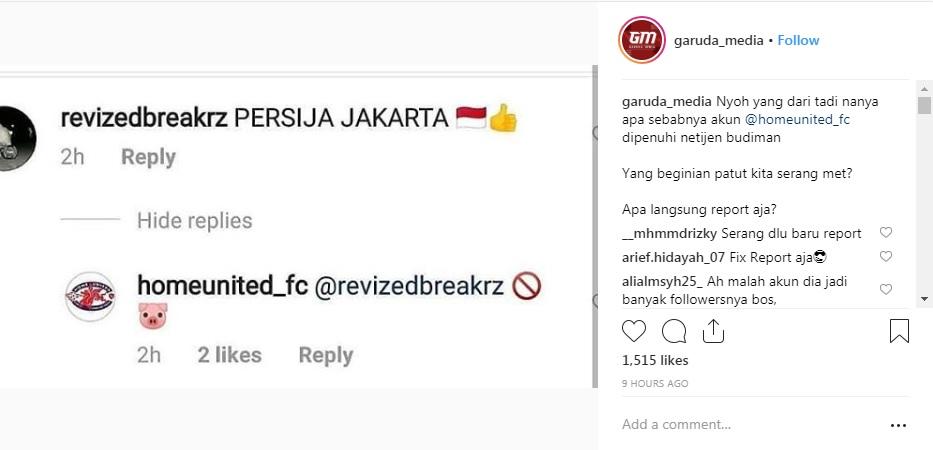Psywar akun media sosial Instagram klub Home United Copyright: Instagram/@garuda_media