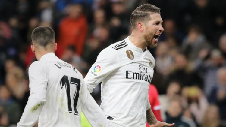 Kapten Real Madrid, Sergio Ramos usai mencetak gol ke gawang Girona, Jumat (25/01/19).