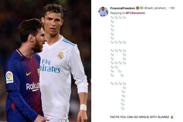 Penggemar Cristiano Ronaldo membajak twitter Barcelona dengan memposting emoji GOAT untuk menyindir Messi. Copyright: Daily Star