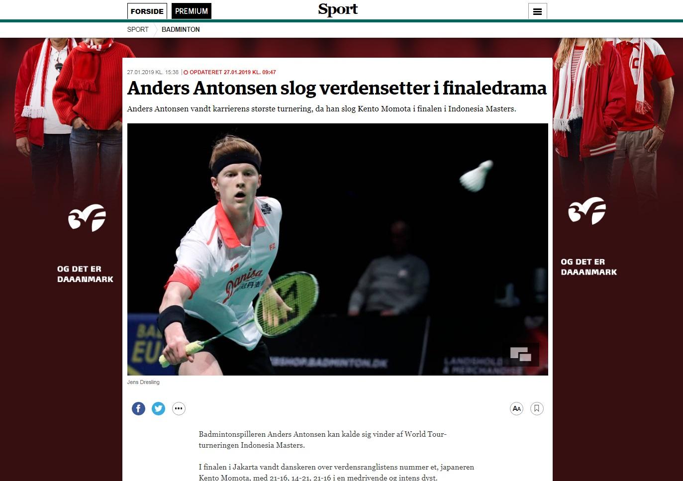 Keberhasilan Antonsen Meraih Juara Indonesian Masters 2019 di Sorot Media Denmark Copyright: jyllands-posten