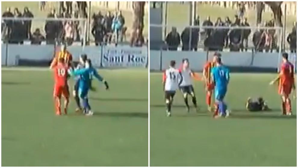 Aksi kiper Spanyol Ivan Gonzalez menendang wasit pertandingan usai golnya dianulir.