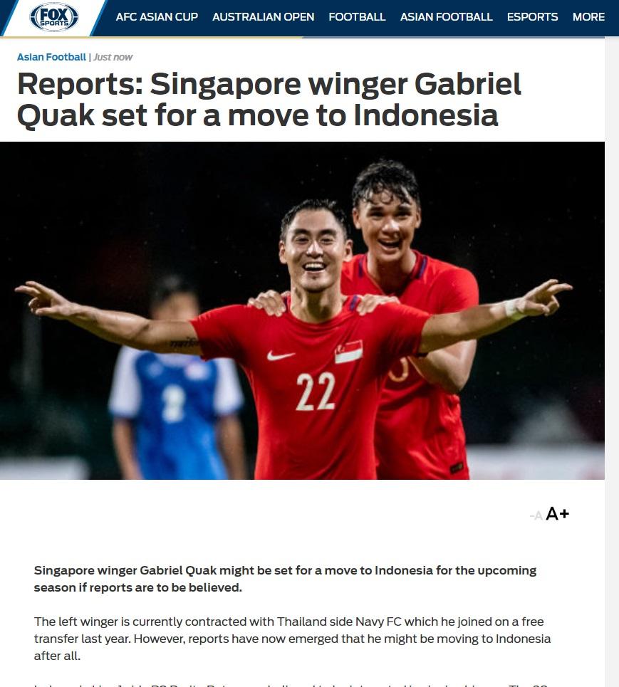 Media FoxSports Liput Kepindahan Pemain Singapura Copyright: FoxSports