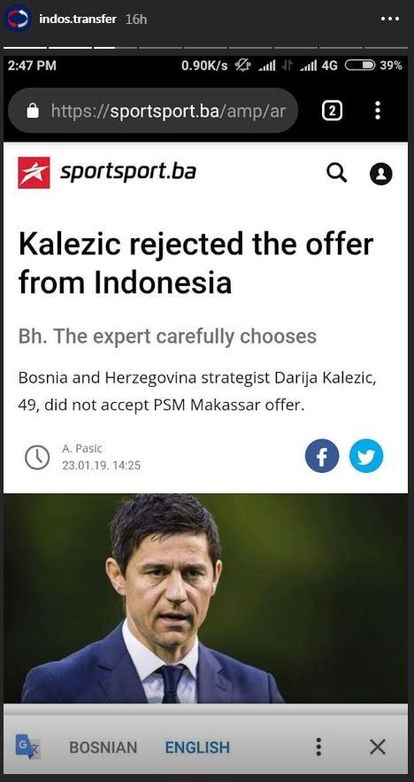 Kalezic menolak jadi pelatih PSM Copyright: Instagram/Indostrasnfer