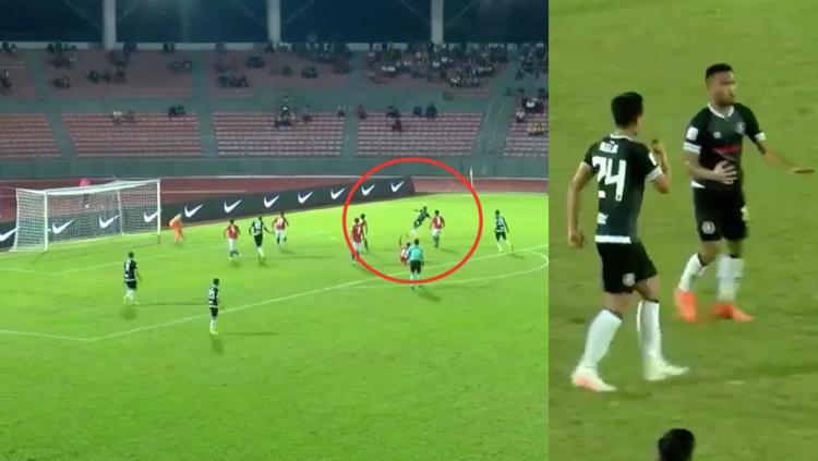 Momen Sadil Ramdani mencetak gol ke gawang lawan di liga Malaysia