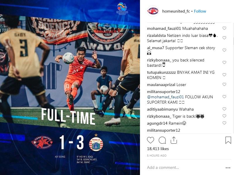 Jakmania menyerbu akun Instagram Home United usai Persija Jakarta menang 3-1. Copyright: Instagram/homeunited_fc