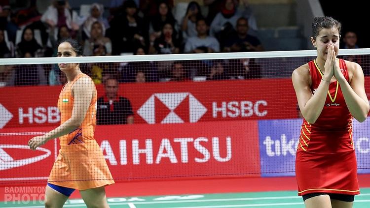 Carolina Marin saat cedera di Indonesia Masters 2019. Copyright: Twitter @CarolinaMarin