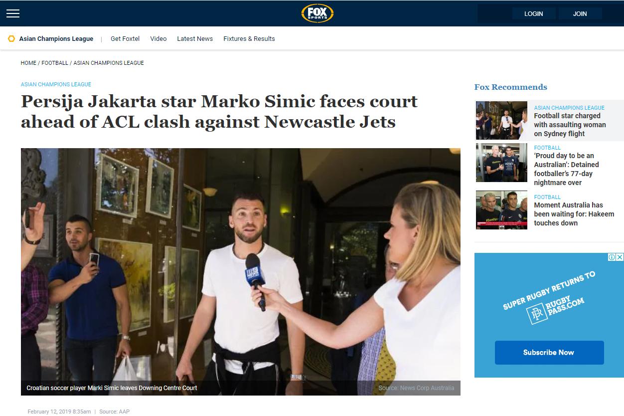 Pemberitaan dari Fox Sports soal dugaan tindakan tidak menyenangkan yang dilakukan Marko Simic jelang Liga Champions Asia. Copyright: foxsports.com.au