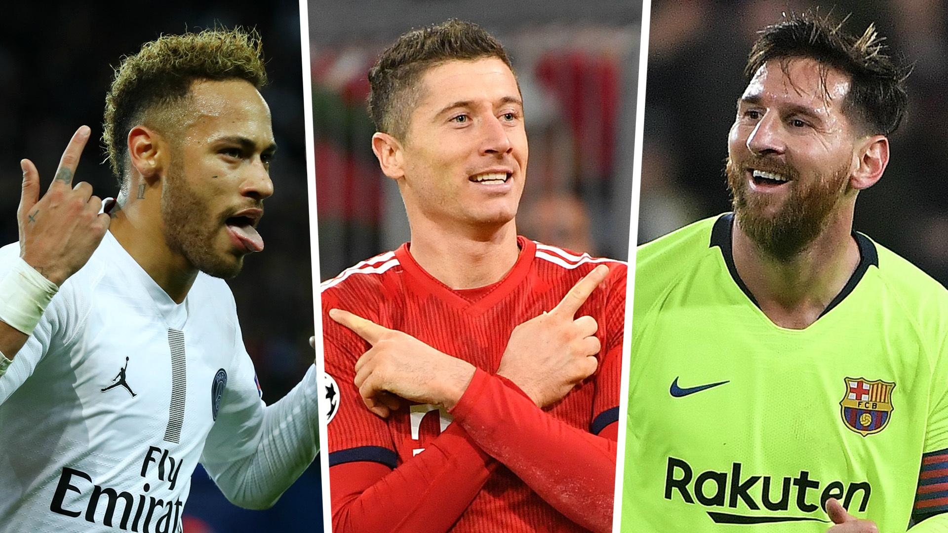 Neymar, Robert Lewandowski, Lionel Mess, top skor sementara Liga Champions 2018/2019, Februari 2019.