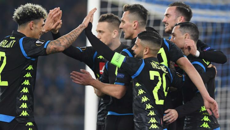 Selebrasi para pemain Napoli usai cetak gol ke gawang Napoli, Jumat (15/02/19).