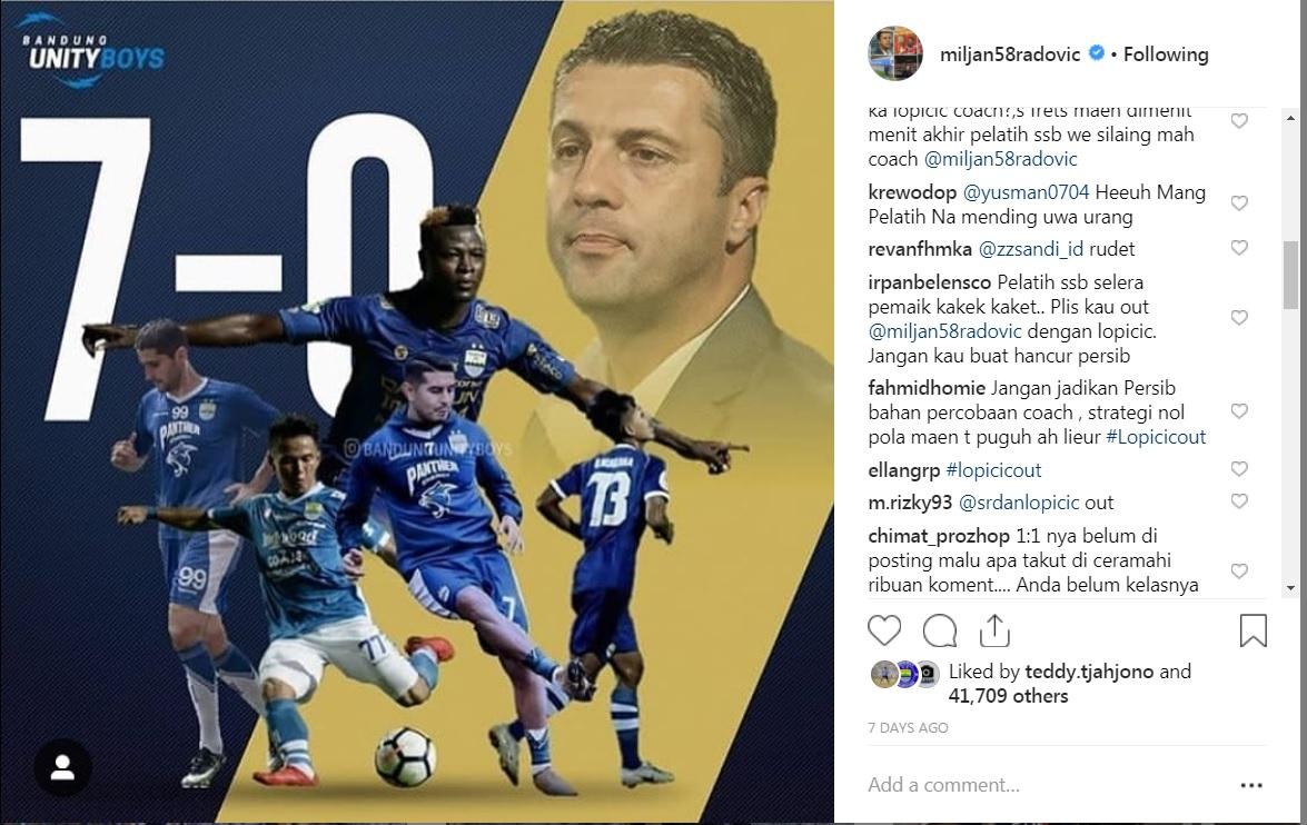 Akun Instagram Miljan Radovic diserang Bobotoh. Copyright: Instagram.com/Miljan58Radovic