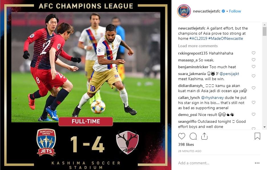 Instagram klub Newcastle Jets diserang pendukung Persija Jakarta usai kalah 1-4 dari Kashima Antlers Copyright: Instagram/@newcastlejetsfc