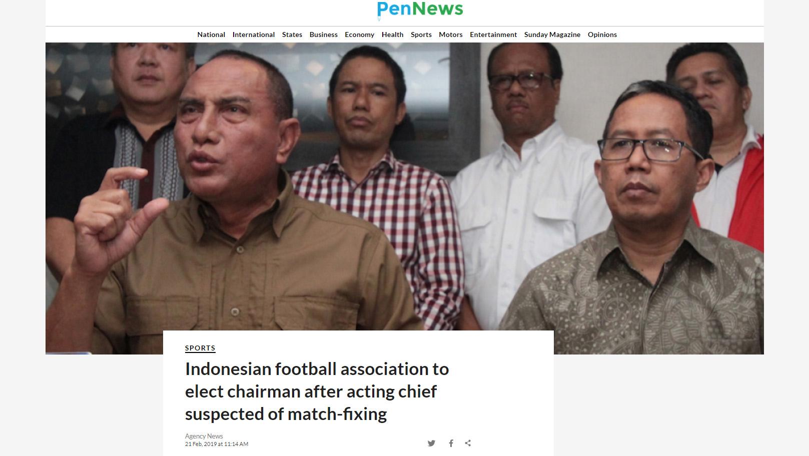 Media asing asal India Pen News memberitakan kisruh pemilihan Ketum PSSI yang baru. Copyright: Pen News