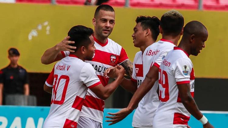 Aksi selebrasi pemain Madura United melawan Sriwijaya FC Copyright: Madura United
