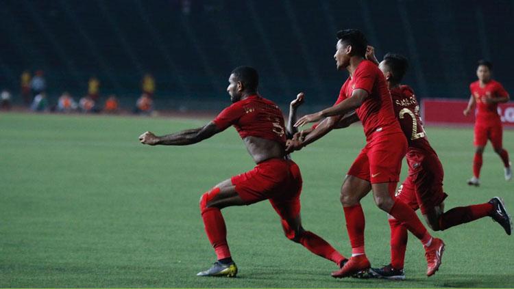 Aksi selebrasi pemain Timnas Indonesia usai Marinus mencetak gol
