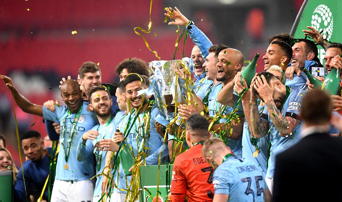 Selebrasi Manchester City merayakan kemenangan sebagai juara Piala Liga Inggris