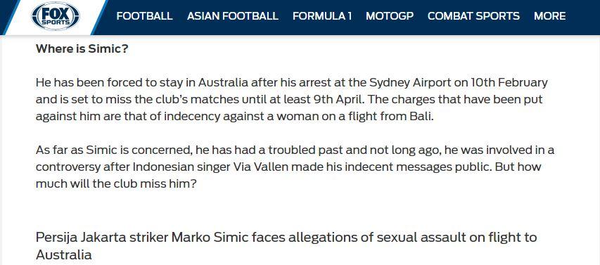 Kasus Marko Simic dan Via Vallen kembali diangkat media asing, Fox Sports Asia. Copyright: foxsportsasia.com
