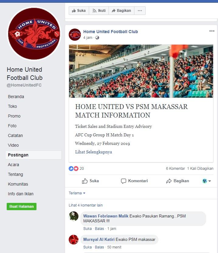 Fans Indonesia mulai memberi psywar ke laman media sosial Home United Copyright: Facebook
