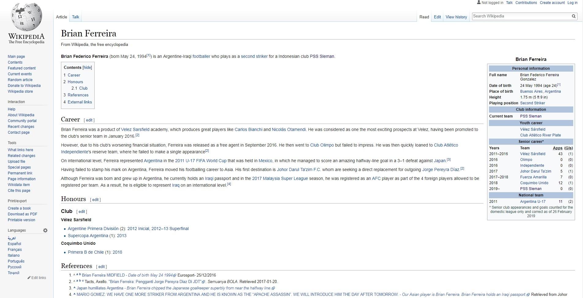 Brian Ferreira dikatakan resmi ke PSS Sleman di Wikipedia. Copyright: Wikipedia