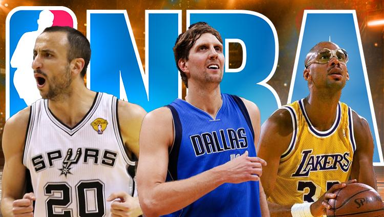 3 Pemain basket NBA dengan gaya khas yang melegenda: Manu Ginobili, Dirk Nowitzki, dan Kareem Abdul-Jabbar. - INDOSPORT