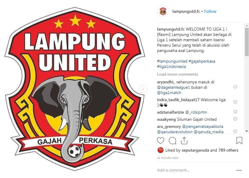 Instagram Lampung United FC mengkonfirmasi kabar membeli saham lisensi Perseru Serui dan akan main di Liga 1 2019. Copyright: instagram.com/lampungutd.fc