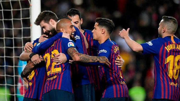 Selebrasi pemain Barcelona di laga kontra Rayo Vallecano, Minggu (10/03/19).