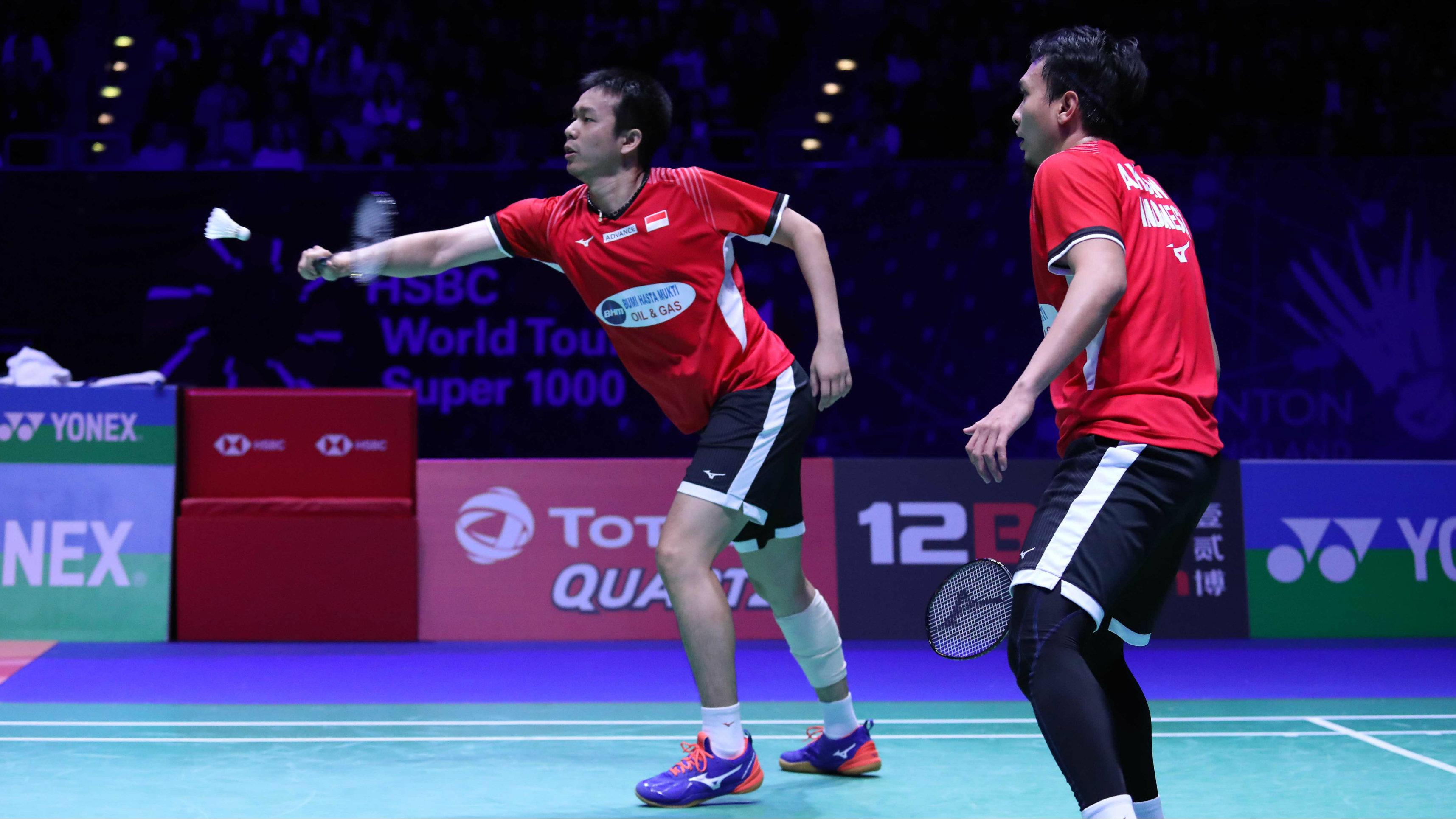 Aksi Mohammad Ahsan/Hendra Setiawan di semifinal All England 2019, Sabtu (09/03/19).