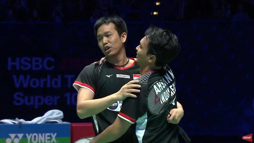 Pasangan Mohammad Ahsan/Hendra Setiawan saat pastikan juara di All England 2019, Minggu (10/03/19)