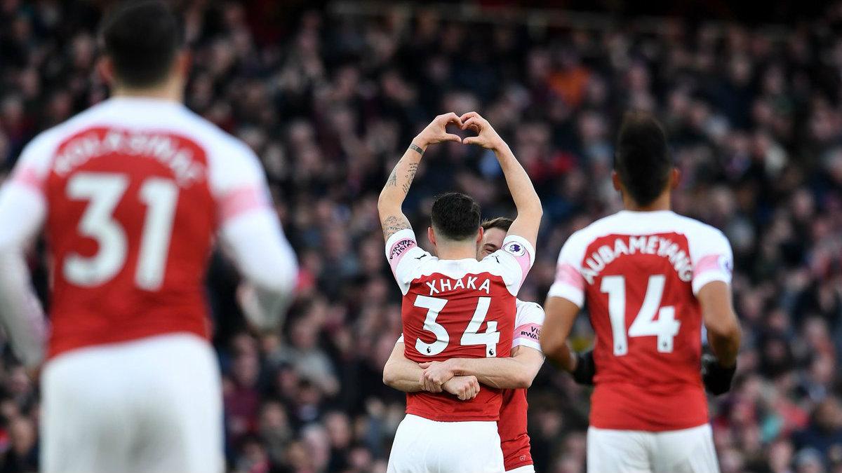 Selebrasi Gol Granit Xhaka di laga Arsenal vs Manchester United, Senin (11/03/19).
