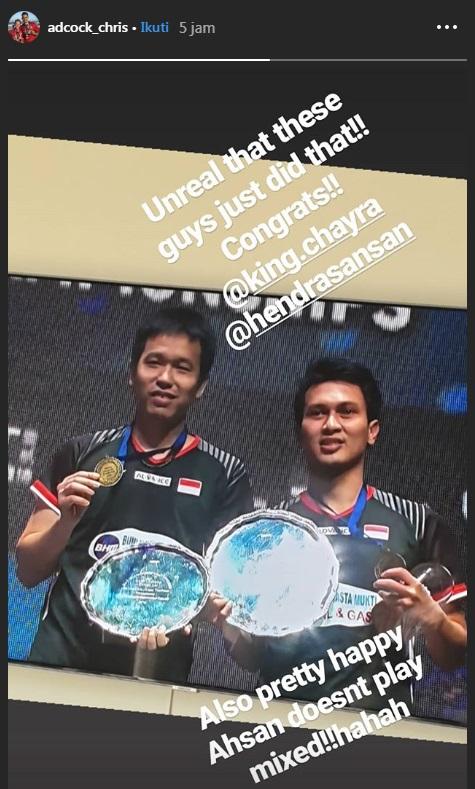 Pujian Chris Adcock untuk Ahsan/Hendra. Copyright: instagram