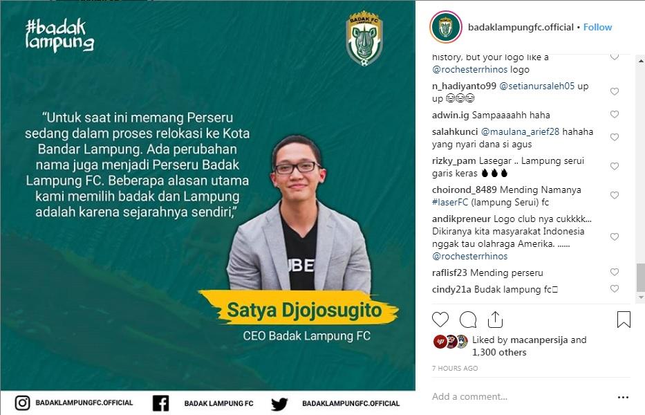 Instagram Klub Badak Lampung FC diserang netizen. Copyright: Instagram.com/badaklampungfc.official