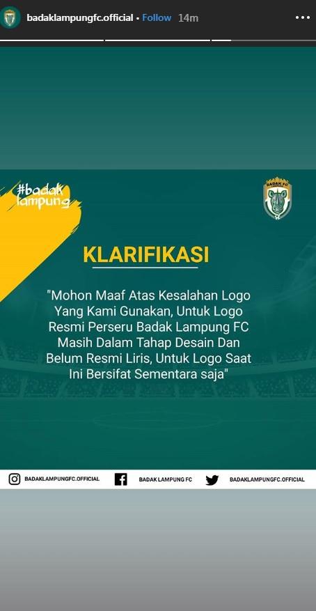 Klarifikasi Perseru Badak Lampung FC soal logonya yang jadi polemik. Copyright: Instagram.com/badaklampungfc.official