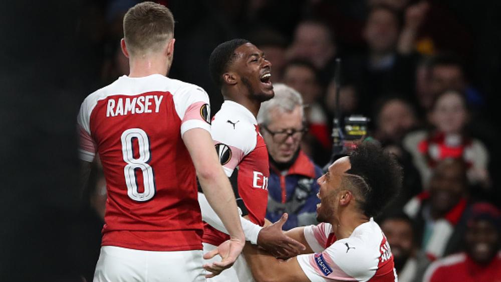 Selebrasi pemain Arsenal atas terjadinya gol melawan Rennes Copyright: INDOSPORT