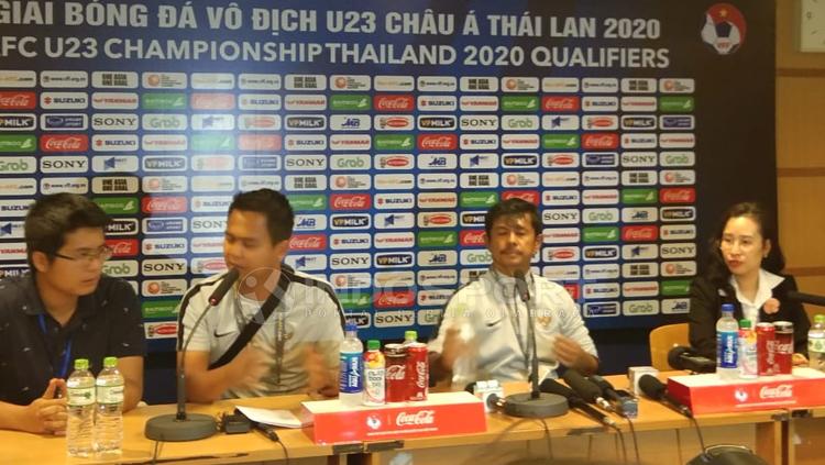 Pelatih Timnas Indonesia U-23, Indra Sjafri, dalam jumpa pers usai laga vs Thailand di Kualifikasi Piala Asia U-23 2020.