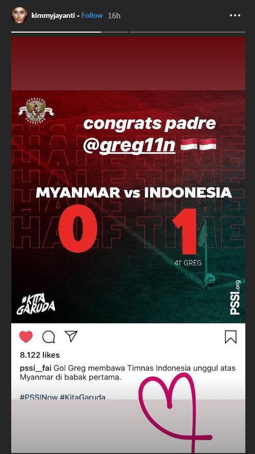 Kesan Kimmy Jayanti terhadap Greg Nwokolo melalui unggahan insta story. Copyright: Instagram/@kimmyjayanti