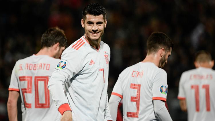 Alvaro Morata berselebrasi saat cetak gol ke gawang Malta, Rabu (27/03/19) dini hari WIB. Copyright: FILIPPO MONTEFORTE