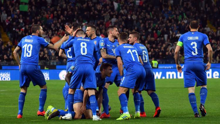 Timnas Italia saat merayakan golnya ke gawang Liechtenstein, Rabu (27/03/19) dini hari WIB.