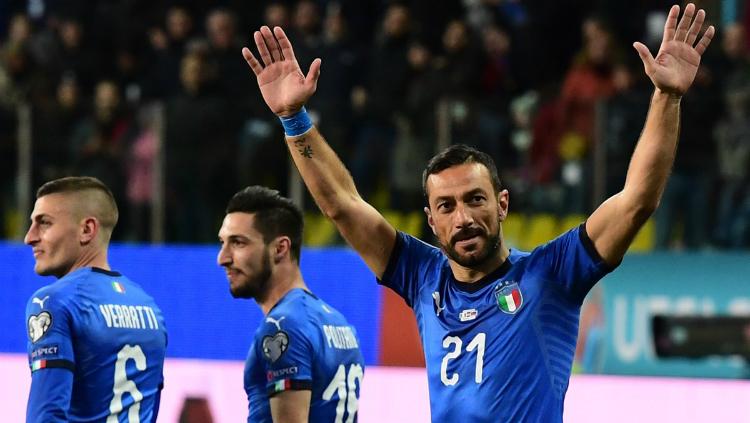 Striker Timnas Italia, Fabio Quagliarella merayakan golnya ke gawang Liechtenstein di ajang Kualifikasi Euro 2020, Rabu (27/03/19) dini hari WIB. Copyright: goal.com