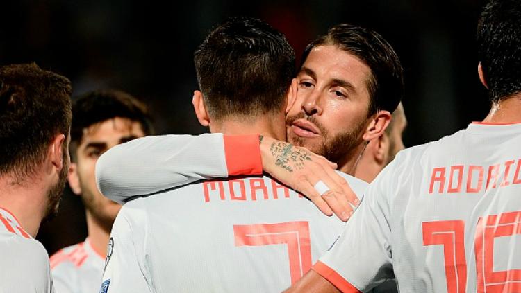 Selebrasi para pemain Spanyol saat mencetak gol ke gawang Malta, Rabu (27/03/19) dini hari WIB. Copyright: FILIPPO MONTEFORTE