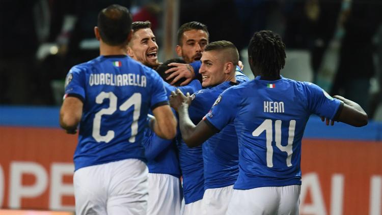 Para pemain Timnas Italia merayakan kemenangan telak atas Liechtenstein di ajang Kualifikasi Euro 2020, Rabu (27/03/19) dini hari WIB.