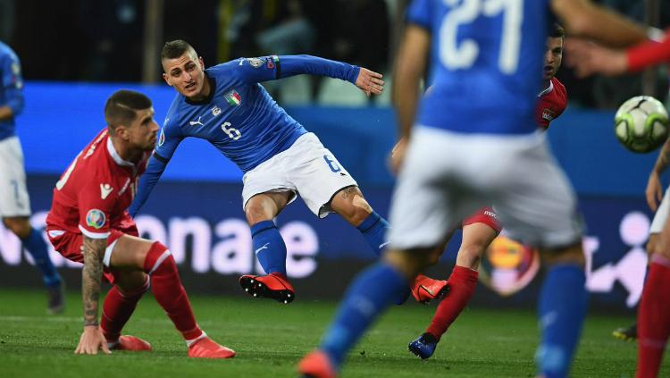 Gelandang Timnas Italia, Marco Verratti saat pertandingan Kualifikasi Euro 2020 menghadapi Lichtenstein, Rabu (27/03/19) dini hari WIB.