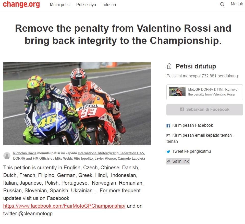 Petisi dari para penggemar MotoGP yang meminta untuk menghapus penalti Valentino Rossi. Copyright: change.org