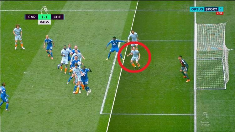 Posisi Azpilicueta yang offside sebelum mencetak gol di pertandingan Cardiff City vs Chelsea, Minggu (31/03/19) malam WIB.