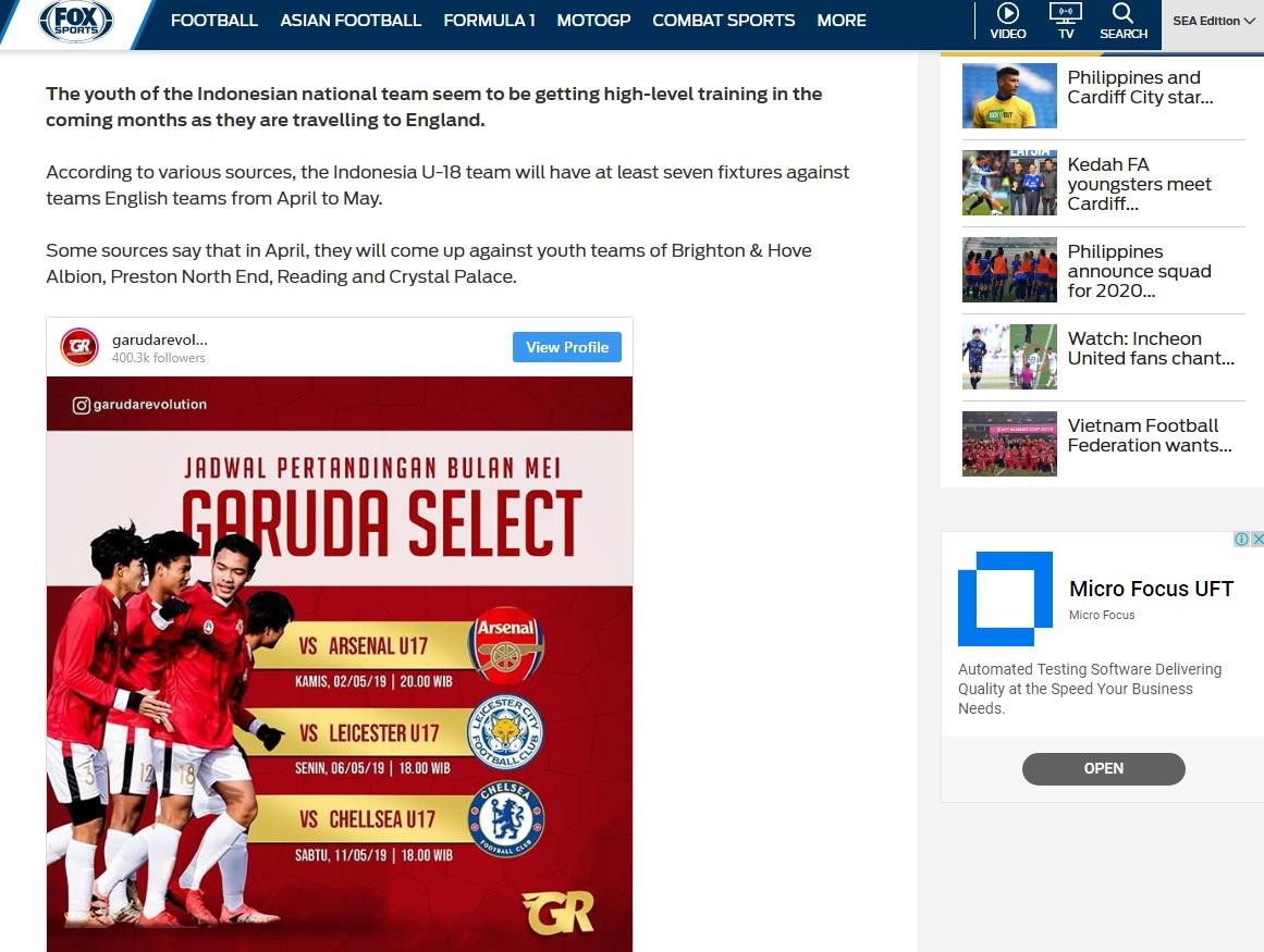 Garuda Select jadi sorotan media asing Copyright: Fox Sports Asia