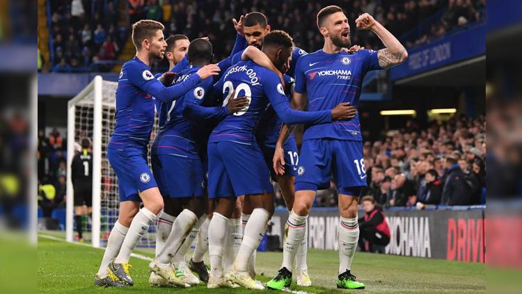 Olivier Giroud merayakan gol pada partai Chelsea vs Brighton & Hove Albion di Liga Primer Inggris (Premier League), Kamis (04/04/19).