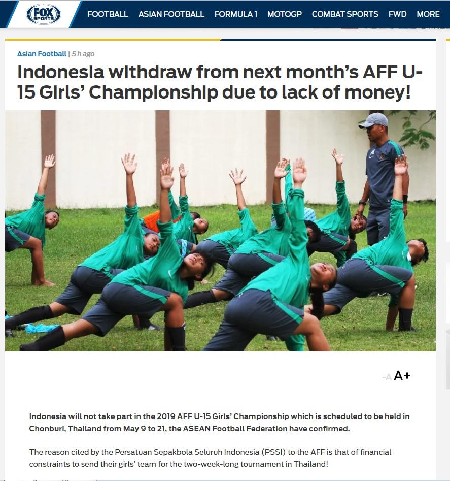 media foxsports soroti Timnas Wanita yang gagal ke Piala AFF Copyright: foxsportsasia